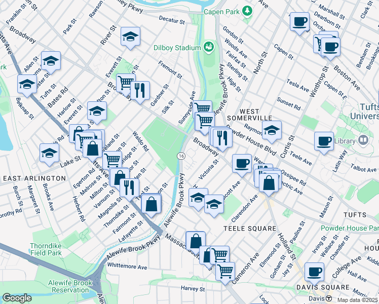 map of restaurants, bars, coffee shops, grocery stores, and more near 1370 Broadway in Somerville