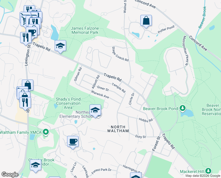 map of restaurants, bars, coffee shops, grocery stores, and more near 100 Temple Road in Waltham