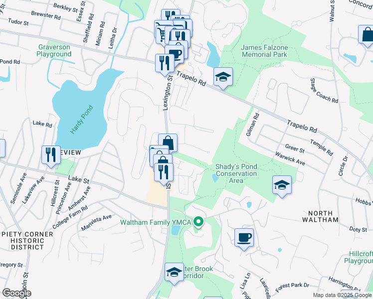 map of restaurants, bars, coffee shops, grocery stores, and more near 42 Lionel Avenue in Waltham