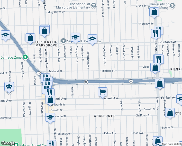 map of restaurants, bars, coffee shops, grocery stores, and more near 15725 Cloverlawn Avenue in Detroit
