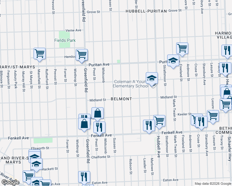 map of restaurants, bars, coffee shops, grocery stores, and more near 15755 Coyle Street in Detroit