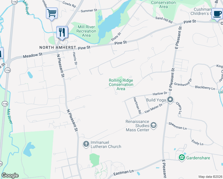 map of restaurants, bars, coffee shops, grocery stores, and more near 209 Rolling Ridge Road in Amherst