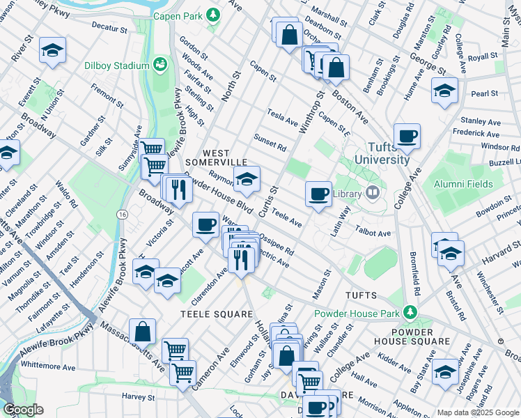 map of restaurants, bars, coffee shops, grocery stores, and more near 70 Curtis Street in Somerville