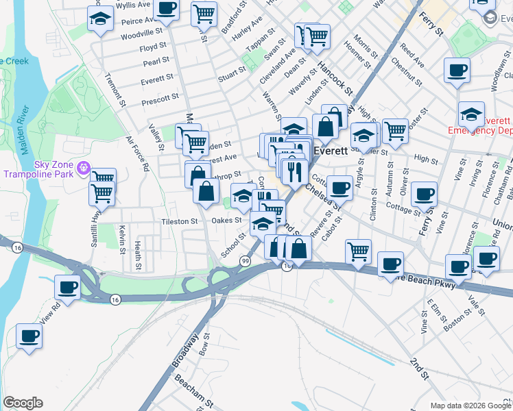 map of restaurants, bars, coffee shops, grocery stores, and more near 38 Corey Street in Everett