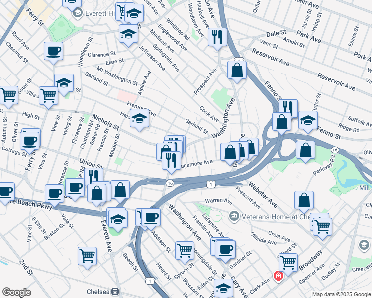 map of restaurants, bars, coffee shops, grocery stores, and more near 22 Harvard Street in Chelsea