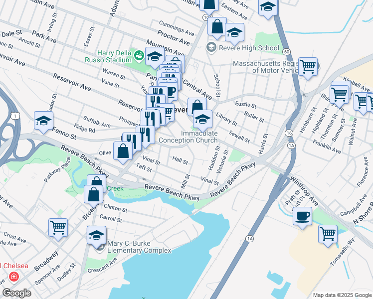 map of restaurants, bars, coffee shops, grocery stores, and more near 11 Mill Street in Revere
