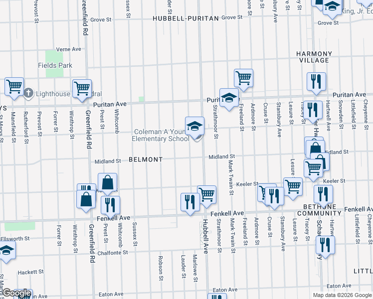 map of restaurants, bars, coffee shops, grocery stores, and more near 15746 Marlowe Street in Detroit