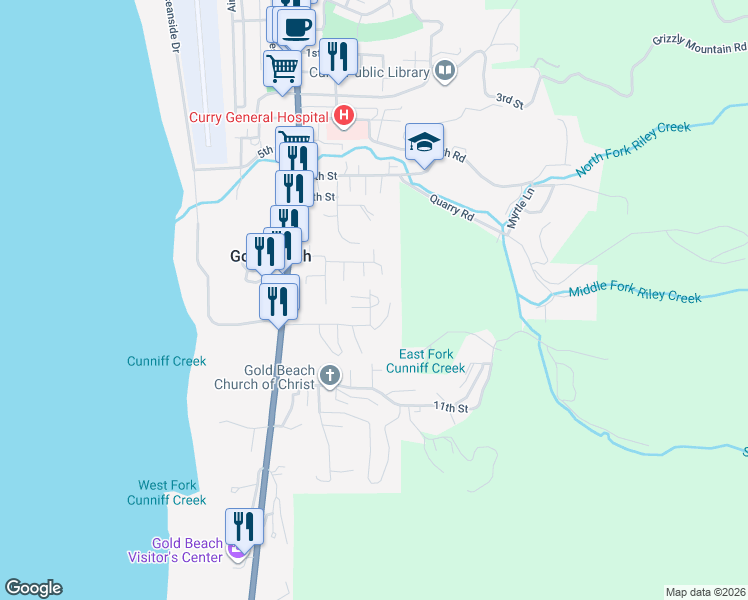 map of restaurants, bars, coffee shops, grocery stores, and more near 29405 Lavin Street in Gold Beach