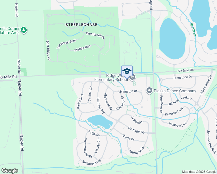 map of restaurants, bars, coffee shops, grocery stores, and more near 16971 Algonquin Drive in Northville