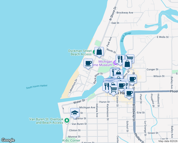 map of restaurants, bars, coffee shops, grocery stores, and more near 81 North Shore Drive in South Haven