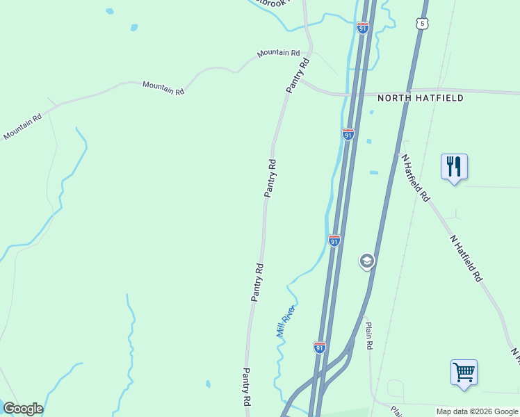 map of restaurants, bars, coffee shops, grocery stores, and more near 112 Pantry Road in Hatfield