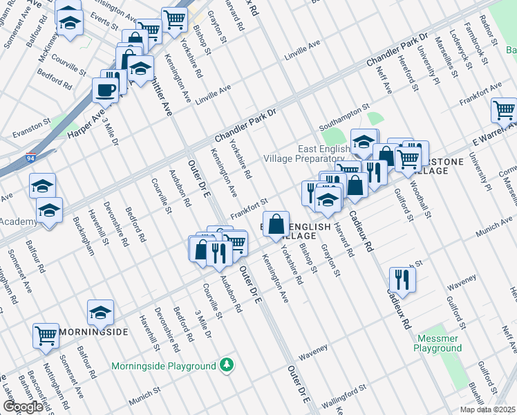 map of restaurants, bars, coffee shops, grocery stores, and more near 5115 Yorkshire Road in Detroit
