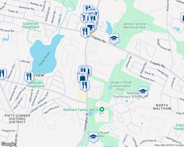 map of restaurants, bars, coffee shops, grocery stores, and more near 15 Lionel Avenue in Waltham