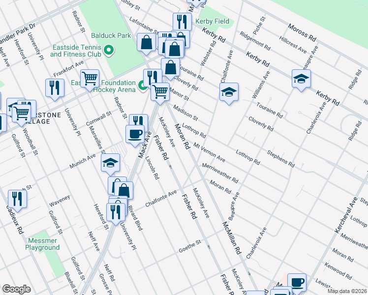 map of restaurants, bars, coffee shops, grocery stores, and more near 435 Moran Road in Grosse Pointe Farms