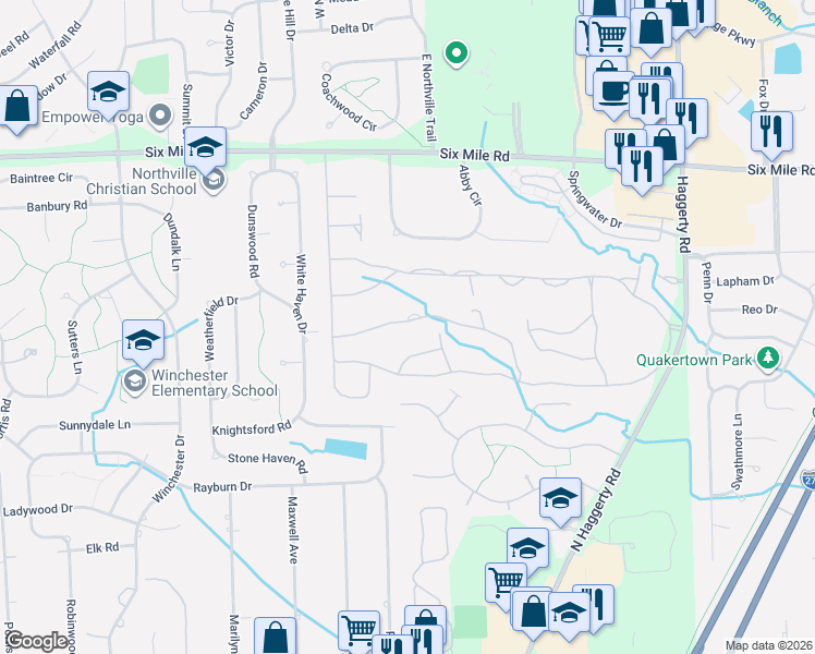 map of restaurants, bars, coffee shops, grocery stores, and more near 39474 Village Run Drive in Northville