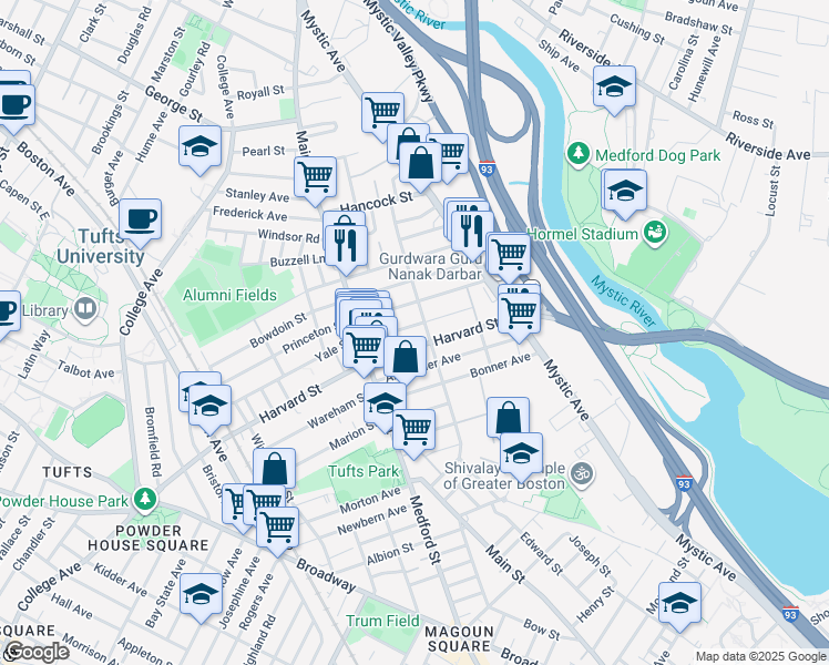 map of restaurants, bars, coffee shops, grocery stores, and more near 107 Willis Avenue in Medford