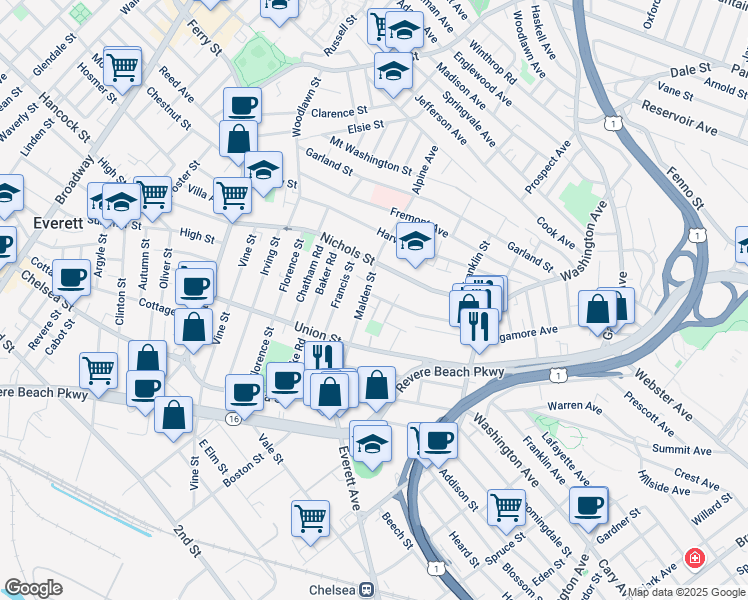 map of restaurants, bars, coffee shops, grocery stores, and more near 113 Malden Street in Everett