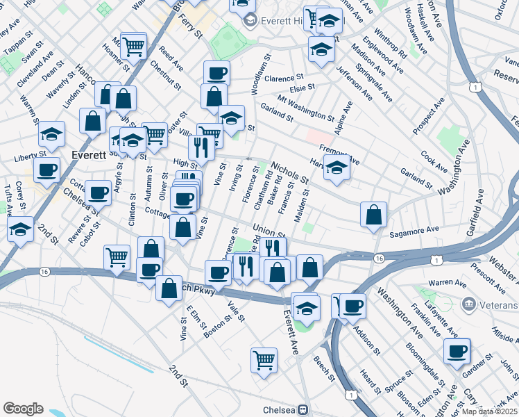 map of restaurants, bars, coffee shops, grocery stores, and more near 37 Chatham Road in Everett