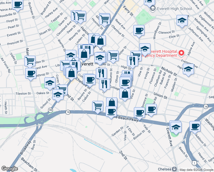 map of restaurants, bars, coffee shops, grocery stores, and more near 14 Autumn Street in Everett