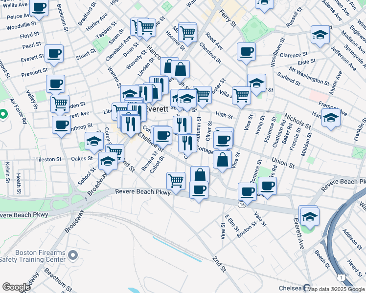 map of restaurants, bars, coffee shops, grocery stores, and more near 78 Cottage Street in Everett