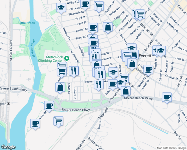 map of restaurants, bars, coffee shops, grocery stores, and more near 10 Parlin Street in Everett