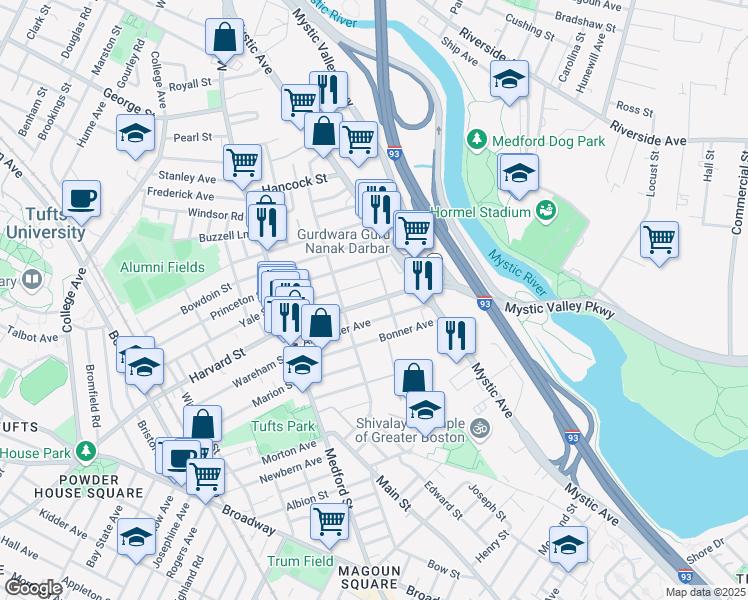 map of restaurants, bars, coffee shops, grocery stores, and more near 91 Wright Avenue in Medford