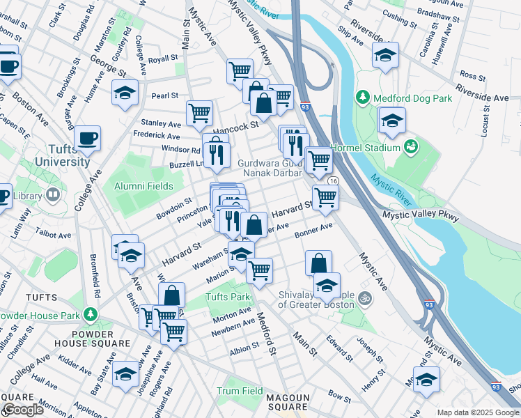 map of restaurants, bars, coffee shops, grocery stores, and more near 107 Willis Avenue in Medford