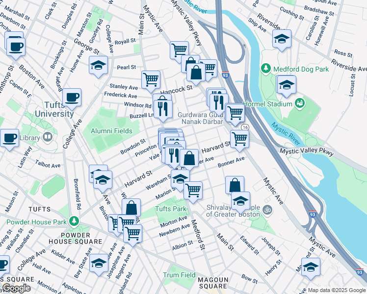 map of restaurants, bars, coffee shops, grocery stores, and more near 19 Golden Avenue in Medford