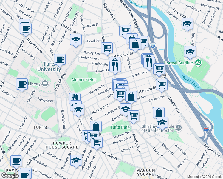 map of restaurants, bars, coffee shops, grocery stores, and more near 9 Princeton Street in Medford