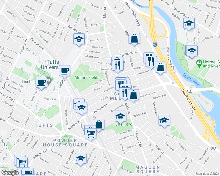 map of restaurants, bars, coffee shops, grocery stores, and more near 43 Bowdoin Street in Medford