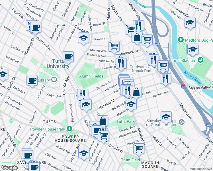 map of restaurants, bars, coffee shops, grocery stores, and more near 43 Bowdoin Street in Medford