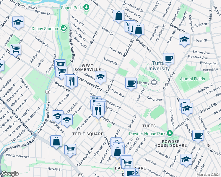 map of restaurants, bars, coffee shops, grocery stores, and more near 92 Curtis Street in Somerville