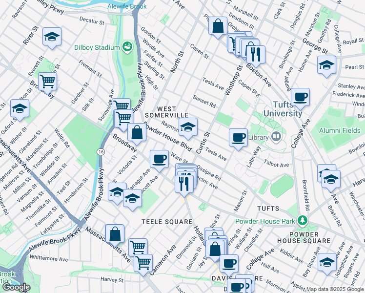 map of restaurants, bars, coffee shops, grocery stores, and more near 183 Powder House Boulevard in Somerville