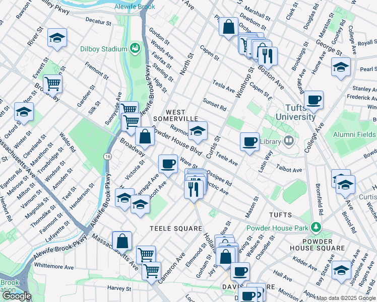 map of restaurants, bars, coffee shops, grocery stores, and more near 183 Powder House Boulevard in Somerville