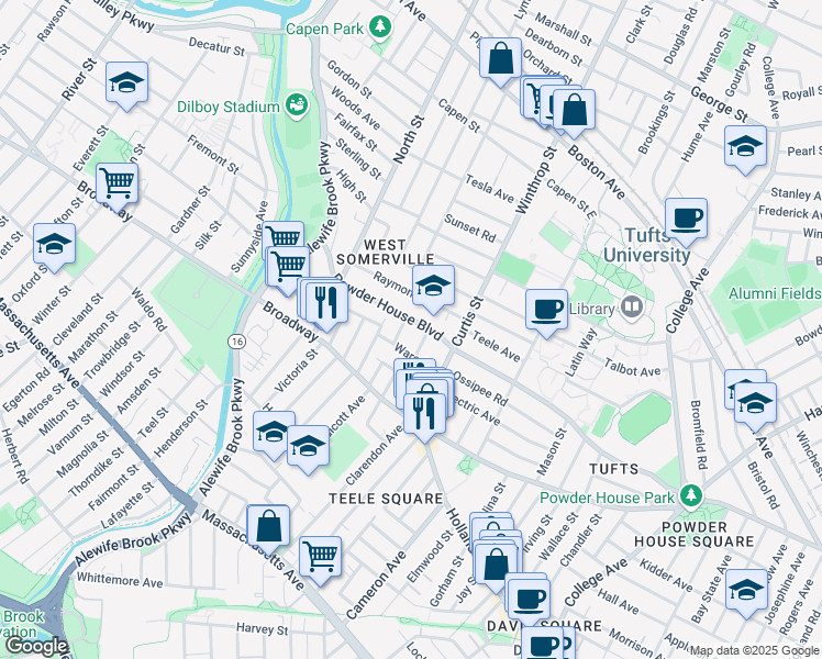 map of restaurants, bars, coffee shops, grocery stores, and more near 183 Powder House Boulevard in Somerville