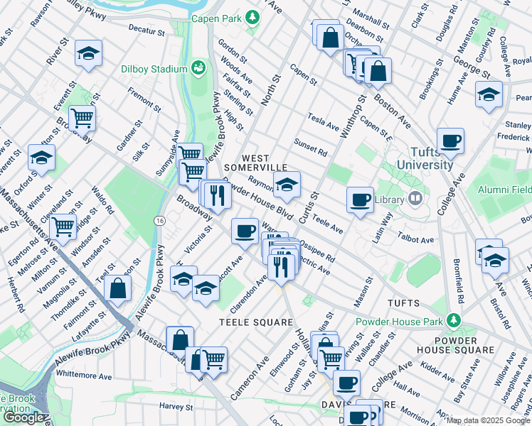 map of restaurants, bars, coffee shops, grocery stores, and more near 210 Powder House Boulevard in Somerville