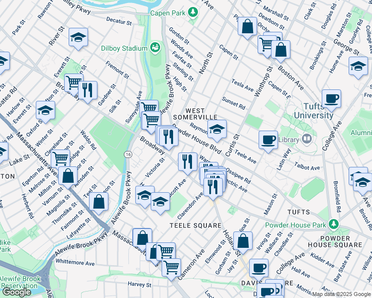 map of restaurants, bars, coffee shops, grocery stores, and more near 35 Barton Street in Somerville