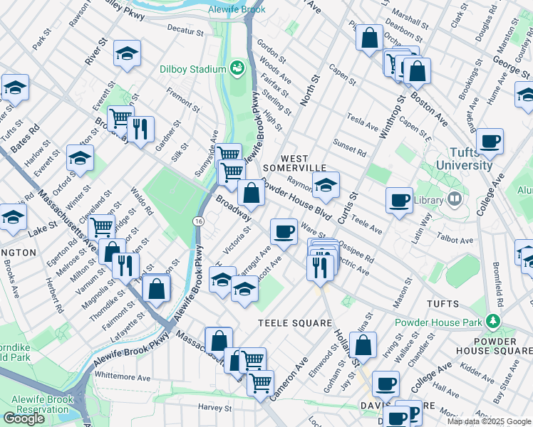 map of restaurants, bars, coffee shops, grocery stores, and more near 35 Barton Street in Somerville