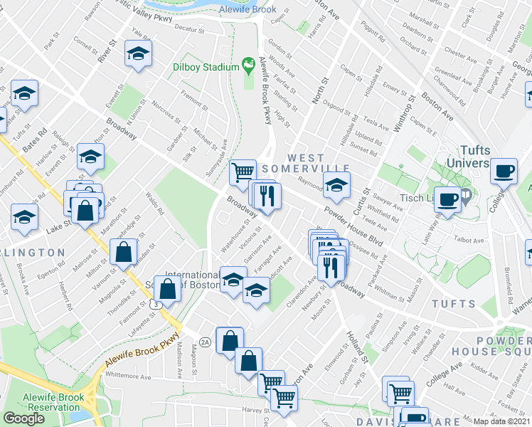 map of restaurants, bars, coffee shops, grocery stores, and more near in Somerville