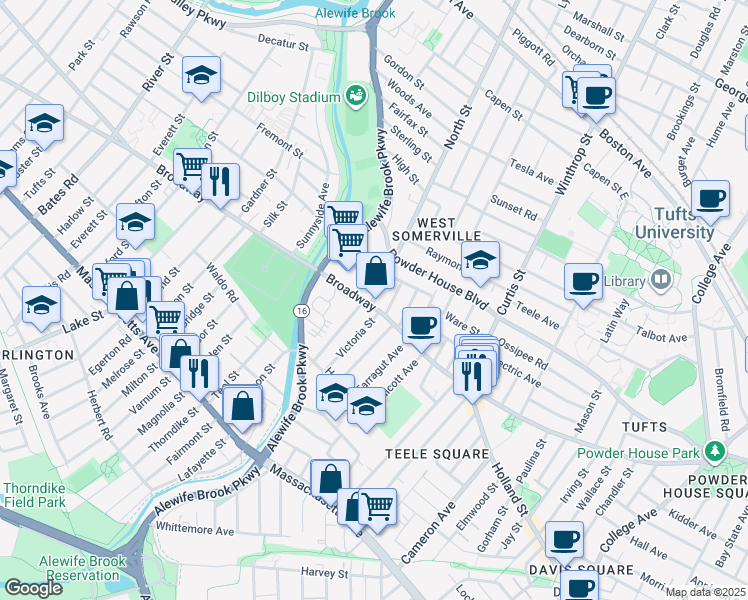 map of restaurants, bars, coffee shops, grocery stores, and more near in Somerville