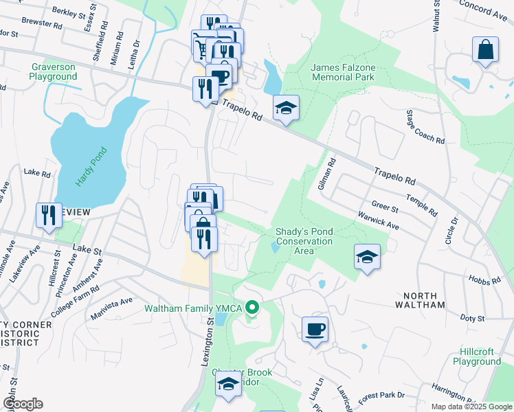 map of restaurants, bars, coffee shops, grocery stores, and more near 58 Jacqueline Road in Waltham