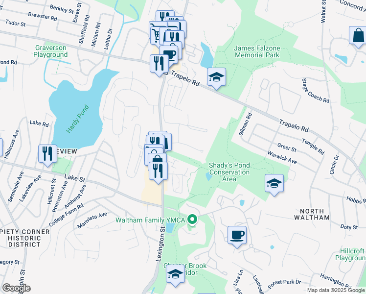 map of restaurants, bars, coffee shops, grocery stores, and more near 42 Lionel Avenue in Waltham