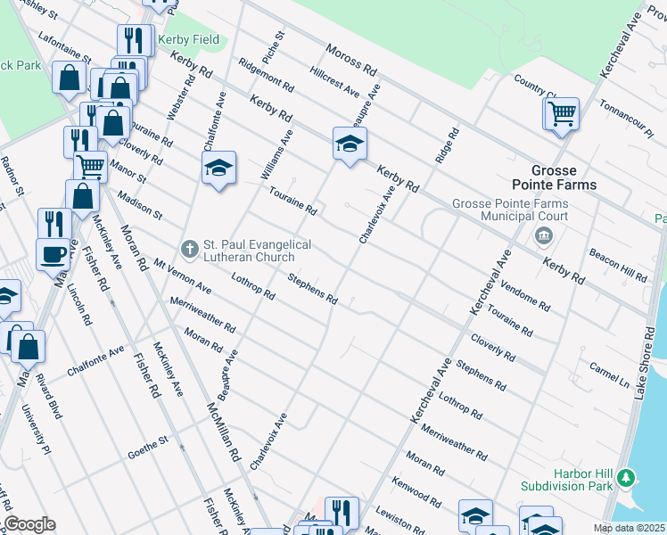 map of restaurants, bars, coffee shops, grocery stores, and more near 256 Cloverly Road in Grosse Pointe Farms