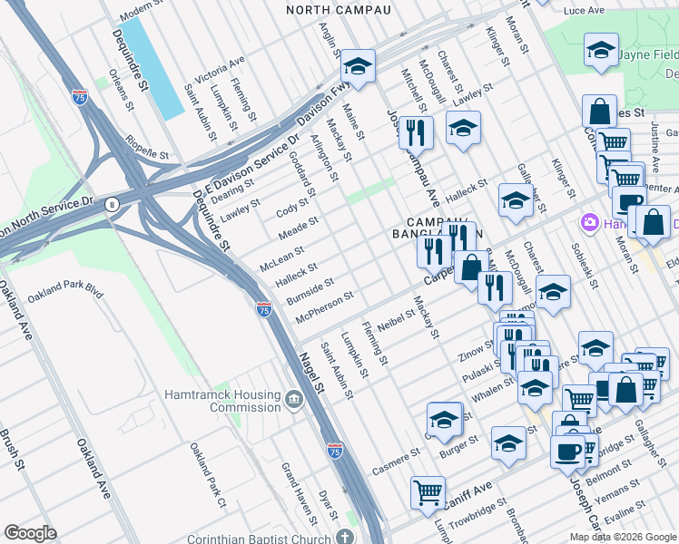 map of restaurants, bars, coffee shops, grocery stores, and more near 2146 Halleck Street in Hamtramck