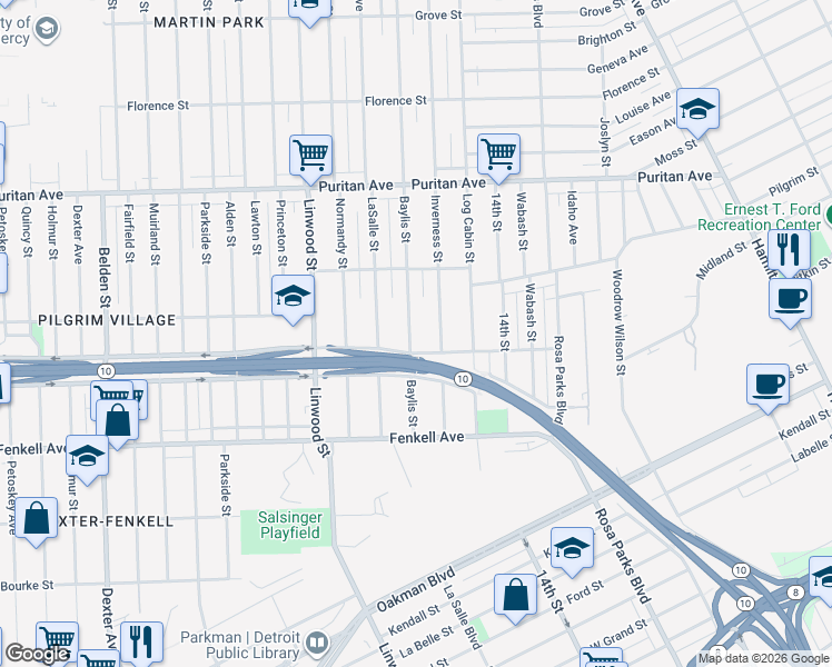 map of restaurants, bars, coffee shops, grocery stores, and more near 15571 Baylis Street in Detroit