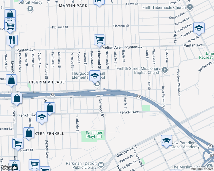 map of restaurants, bars, coffee shops, grocery stores, and more near 15580 Linwood Street in Detroit