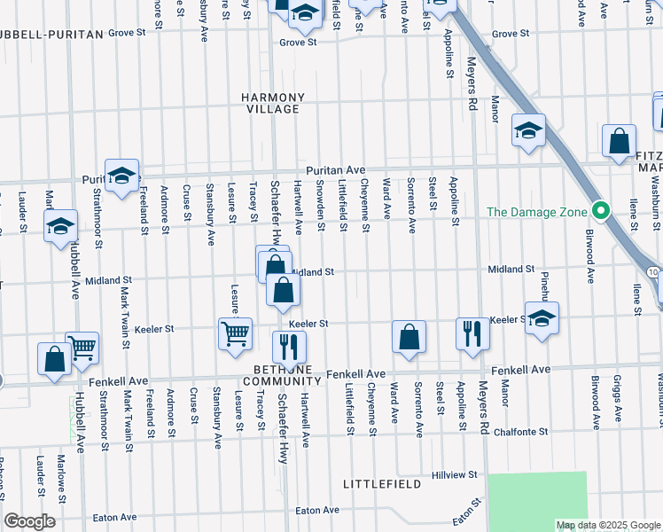 map of restaurants, bars, coffee shops, grocery stores, and more near 15741 Littlefield Street in Detroit