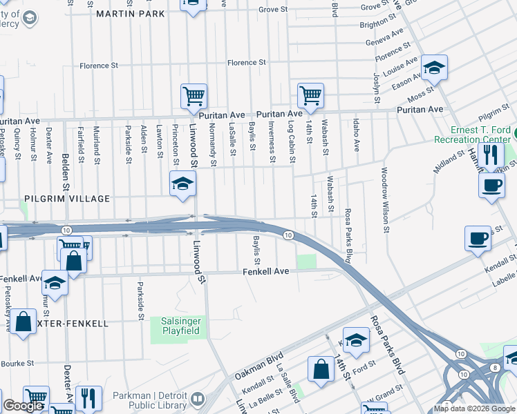 map of restaurants, bars, coffee shops, grocery stores, and more near 15571 Baylis Street in Detroit