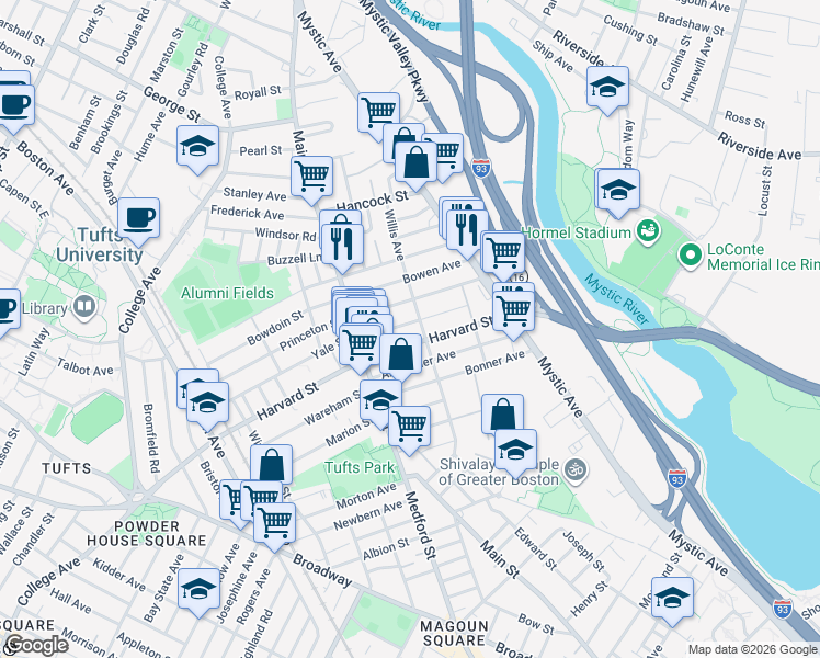 map of restaurants, bars, coffee shops, grocery stores, and more near 107 Willis Avenue in Medford