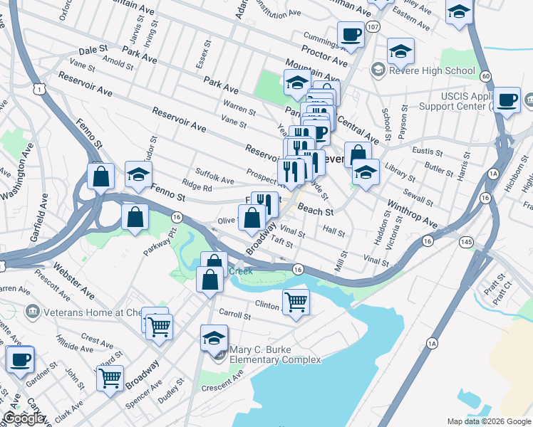map of restaurants, bars, coffee shops, grocery stores, and more near 40 Fenno Street in Revere